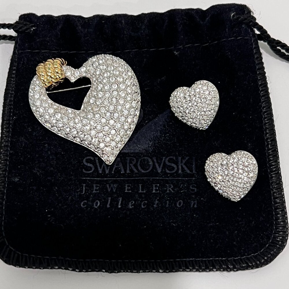 SWAROVSKI JEWELER'S COLLECTION Pave Heart Brooch and Matching Earrings Crystal